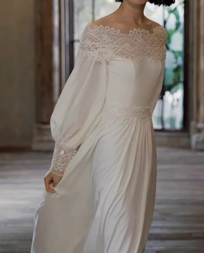 Elegant Off-the-Shoulder Lace Satin Long-Sleeve Pleated A-Line Wedding Dress DP7737