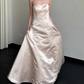 Vintage Blush Satin Strapless Floor-Length Evening Gown Beaded Prom Dress DP7738