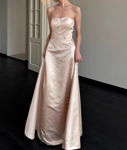 Vintage Blush Satin Strapless Floor-Length Evening Gown Beaded Prom Dress DP7738