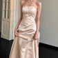 Vintage Blush Satin Strapless Floor-Length Evening Gown Beaded Prom Dress DP7738