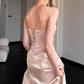 Vintage Blush Satin Strapless Floor-Length Evening Gown Beaded Prom Dress DP7738