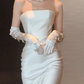 Elegant Ivory Satin Sheath Strapless Tulle Train Wedding Dress DP7739