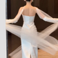 Elegant Ivory Satin Sheath Strapless Tulle Train Wedding Dress DP7739