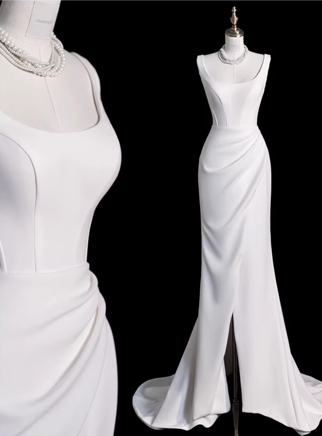 Elegant White Satin Sheath Square Neckline Train Wedding Dress DP7740