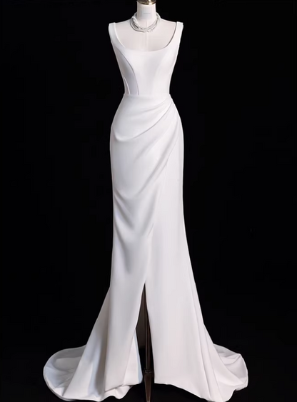Elegant White Satin Sheath Square Neckline Train Wedding Dress DP7740