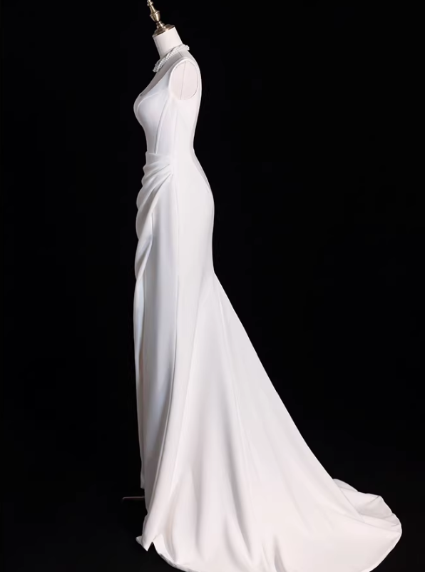 Elegant White Satin Sheath Square Neckline Train Wedding Dress DP7740