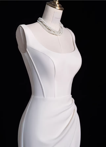 Elegant White Satin Sheath Square Neckline Train Wedding Dress DP7740