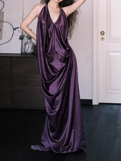 Vintage Purple Satin Evening Gown Halter-Neck Draped Prom Dress DP7741