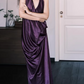 Vintage Purple Satin Evening Gown Halter-Neck Draped Prom Dress DP7741