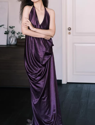 Vintage Purple Satin Evening Gown Halter-Neck Draped Prom Dress DP7741