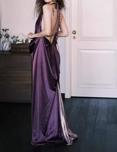 Vintage Purple Satin Evening Gown Halter-Neck Draped Prom Dress DP7741