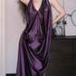Vintage Purple Satin Evening Gown Halter-Neck Draped Prom Dress DP7741
