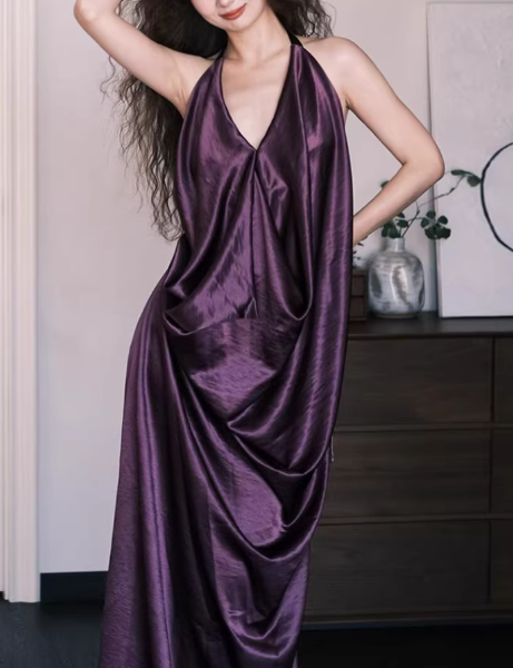 Vintage Purple Satin Evening Gown Halter-Neck Draped Prom Dress DP7741