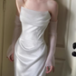 Elegant Ivory Satin Strapless Ruched Tulle Veil Wedding Dress DP7742