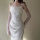 Elegant Ivory Satin Strapless Ruched Tulle Veil Wedding Dress DP7742