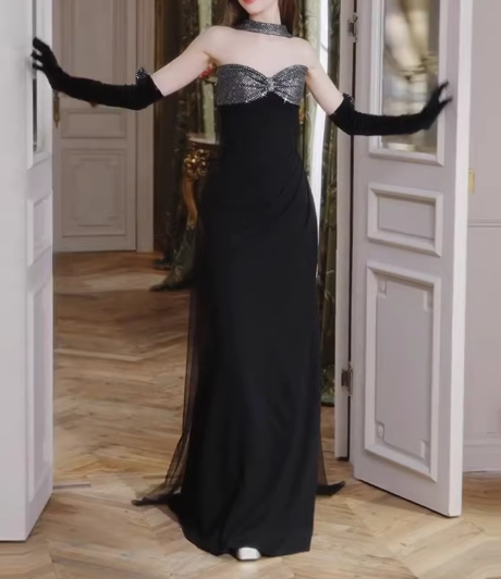 Vintage Black Sheath Evening Gown Rhinestone Tulle Prom Dress DP7744