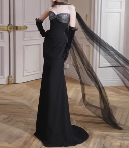 Vintage Black Sheath Evening Gown Rhinestone Tulle Prom Dress DP7744