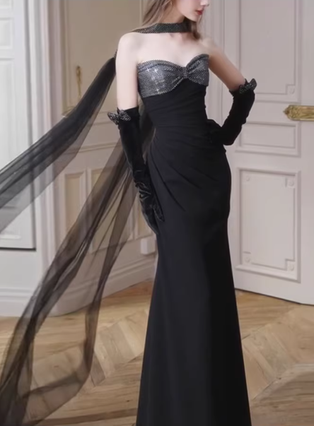 Vintage Black Sheath Evening Gown Rhinestone Tulle Prom Dress DP7744