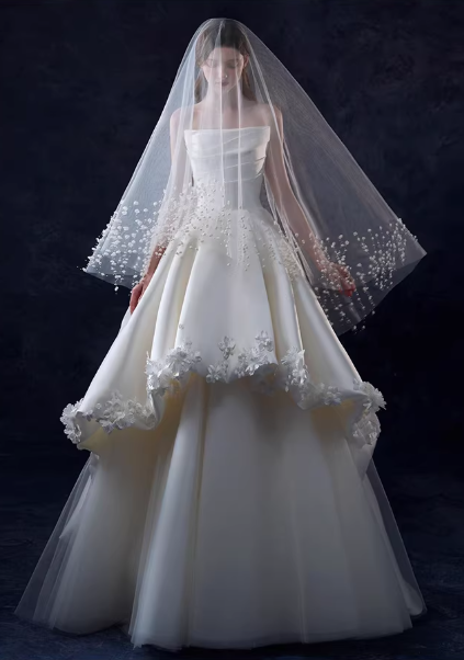 Elegant Ivory Satin 3D Floral Applique Strapless A-Line Wedding Dress DP7745