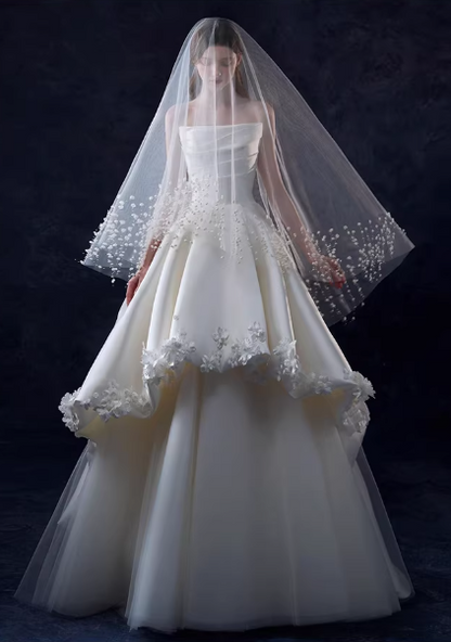 Elegant Ivory Satin 3D Floral Applique Strapless A-Line Wedding Dress DP7745