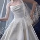 Elegant Ivory Satin 3D Floral Applique Strapless A-Line Wedding Dress DP7745