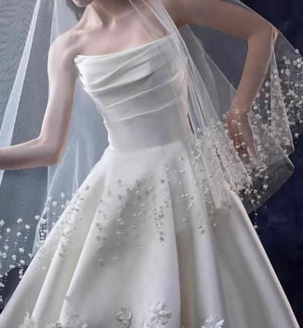 Elegant Ivory Satin 3D Floral Applique Strapless A-Line Wedding Dress DP7745