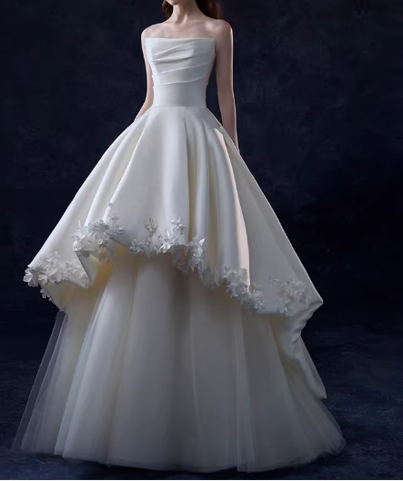 Elegant Ivory Satin 3D Floral Applique Strapless A-Line Wedding Dress DP7745