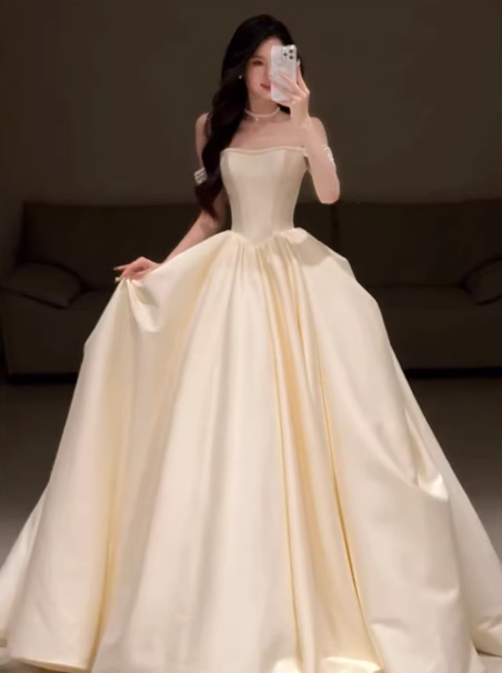 Elegant Champagne Satin Off-the-shoulder A-Line Wedding Dress DP7746