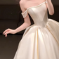 Elegant Champagne Satin Off-the-shoulder A-Line Wedding Dress DP7746