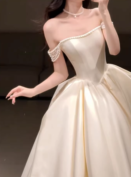 Elegant Champagne Satin Off-the-shoulder A-Line Wedding Dress DP7746