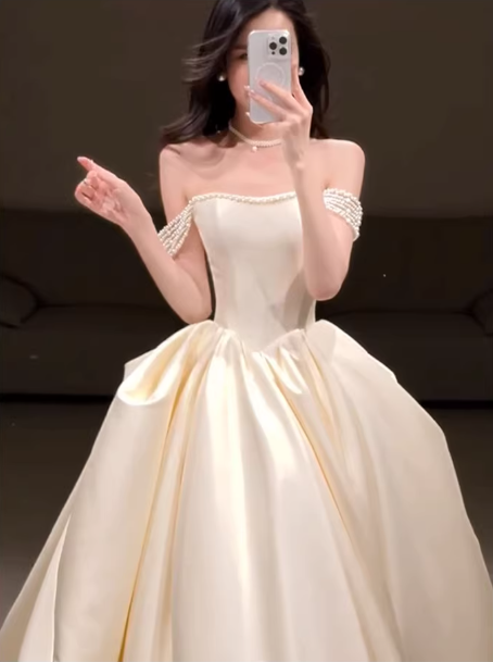 Elegant Champagne Satin Off-the-shoulder A-Line Wedding Dress DP7746