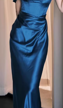 Vintage Royal Blue Satin Mermaid Evening Gown Off-the-Shoulder Ruched Prom Dress DP7747