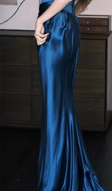 Vintage Royal Blue Satin Mermaid Evening Gown Off-the-Shoulder Ruched Prom Dress DP7747