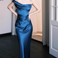 Vintage Royal Blue Satin Mermaid Evening Gown Off-the-Shoulder Ruched Prom Dress DP7747