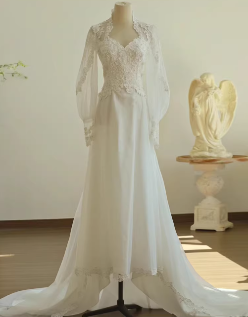 Elegant White Chiffon A-Line Lace Long Sleeve Wedding Dress DP7748