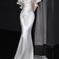Vintage Ivory Satin Mermaid Off-the-Shoulder Ruffled Wedding Dress DP7751