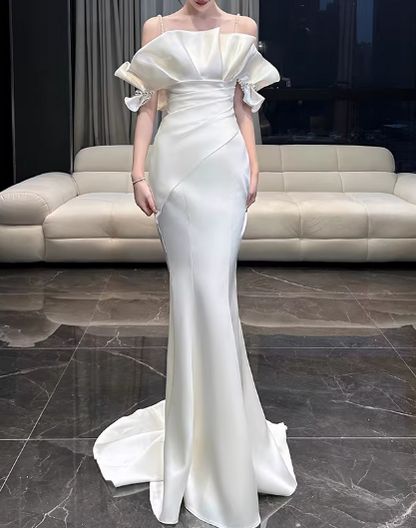 Vintage Ivory Satin Mermaid Off-the-Shoulder Ruffled Wedding Dress DP7751