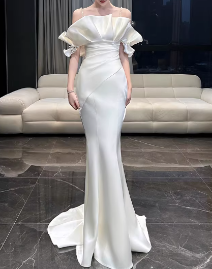 Vintage Ivory Satin Mermaid Off-the-Shoulder Ruffled Wedding Dress DP7751