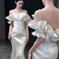 Vintage Ivory Satin Mermaid Off-the-Shoulder Ruffled Wedding Dress DP7751