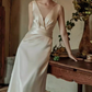 Vintage Ivory Satin Sheath Deep V-Neck Wedding Dress DP7753