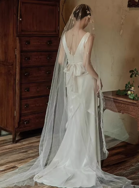Vintage Ivory Satin Sheath Deep V-Neck Wedding Dress DP7753
