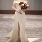 Vintage Champagne Satin Sheath Off-the-Shoulder High Slit Train Wedding Dress DP7754