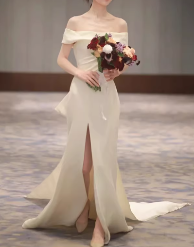Vintage Champagne Satin Sheath Off-the-Shoulder High Slit Train Wedding Dress DP7754