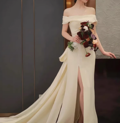 Vintage Champagne Satin Sheath Off-the-Shoulder High Slit Train Wedding Dress DP7754