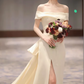 Vintage Champagne Satin Sheath Off-the-Shoulder High Slit Train Wedding Dress DP7754