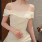 Vintage Champagne Satin Sheath Off-the-Shoulder High Slit Train Wedding Dress DP7754