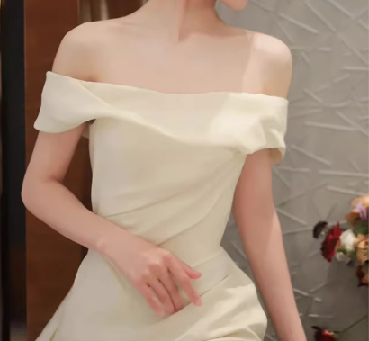 Vintage Champagne Satin Sheath Off-the-Shoulder High Slit Train Wedding Dress DP7754