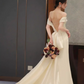 Vintage Champagne Satin Sheath Off-the-Shoulder High Slit Train Wedding Dress DP7754