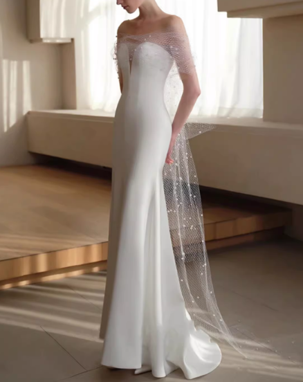 Vintage White Satin Mermaid Off-the-Shoulder Beaded Cape Veil Wedding Dress DP7755