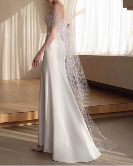 Vintage White Satin Mermaid Off-the-Shoulder Beaded Cape Veil Wedding Dress DP7755